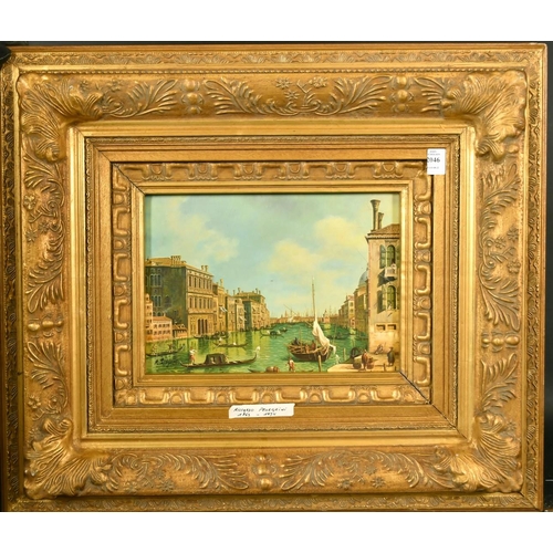 2046 - 20th Century School, gondolas on a Venetian canal, oil on panel, indistinctly signed, 9.5