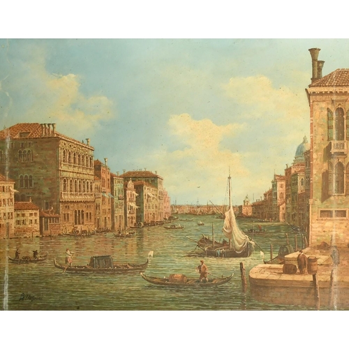 2048 - 20th Century School, gondolas crossing on a Venetian canal, oil on panel, indistinctly signed, 15.75... 