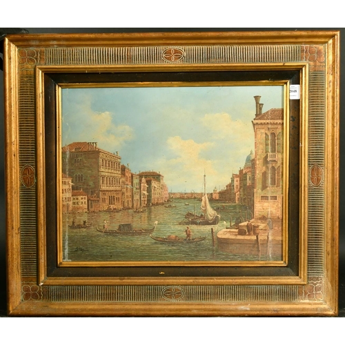 2048 - 20th Century School, gondolas crossing on a Venetian canal, oil on panel, indistinctly signed, 15.75... 