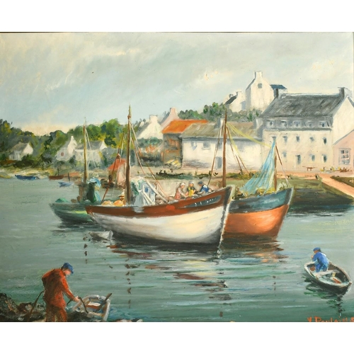 2049 - Y. Poulain, circa 1955, fishing boats moored on a town quay, oil on canvas, signed, 19.75