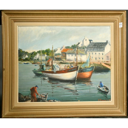 2049 - Y. Poulain, circa 1955, fishing boats moored on a town quay, oil on canvas, signed, 19.75