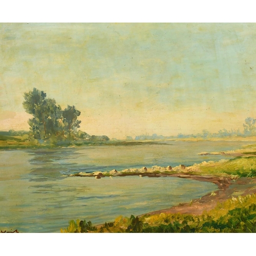 2051 - 20th Century French school, a lake side scene, oil on board, indistinctly signed, 15.75