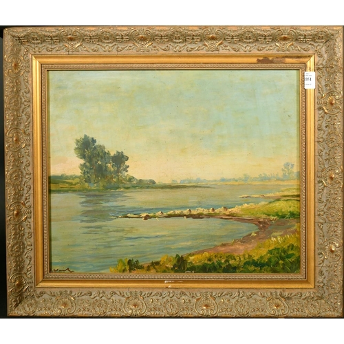 2051 - 20th Century French school, a lake side scene, oil on board, indistinctly signed, 15.75