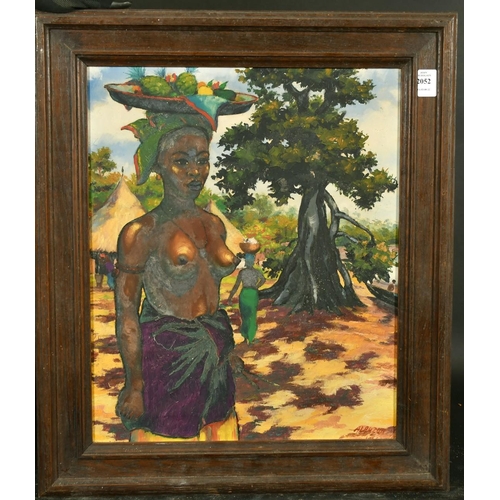 2052 - Alauzun, circa 1953, African women carrying fruit, oil on canvas, signed, 18