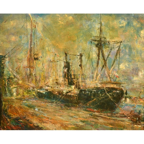 2053 - 20th Century French School, boats in a harbour, oil on canvas, indistinctly signed, 19.75