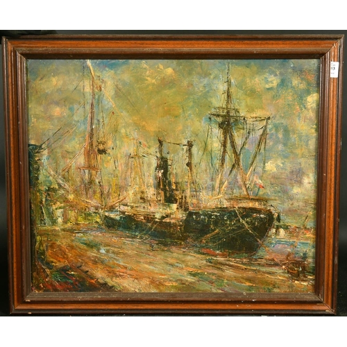 2053 - 20th Century French School, boats in a harbour, oil on canvas, indistinctly signed, 19.75