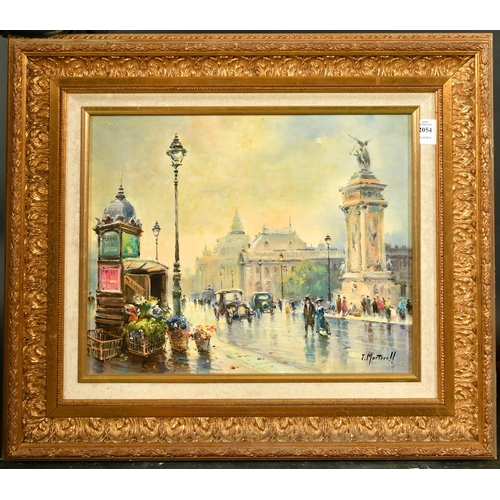 2054 - T. Martorell, figures on a Paris Street, oil on canvas, signed, 13