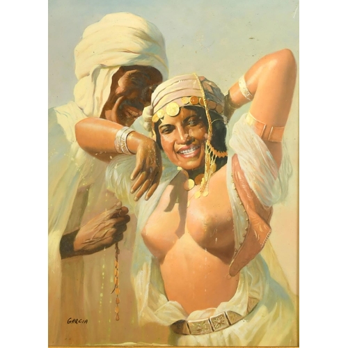 2056 - Garcia, an Arab gentleman with a female companion, oil on panel, signed, 15.75