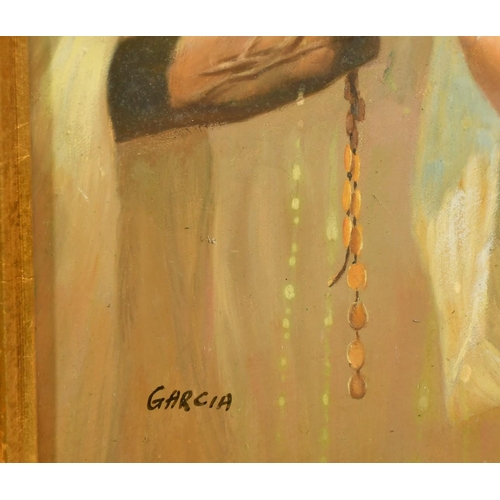 2056 - Garcia, an Arab gentleman with a female companion, oil on panel, signed, 15.75