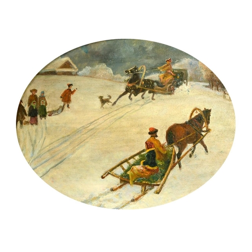 2057 - 19th Century, figures on horse drawn sledges, oil on canvas laid down, 11.75