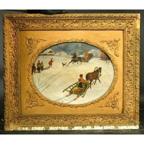 2057 - 19th Century, figures on horse drawn sledges, oil on canvas laid down, 11.75