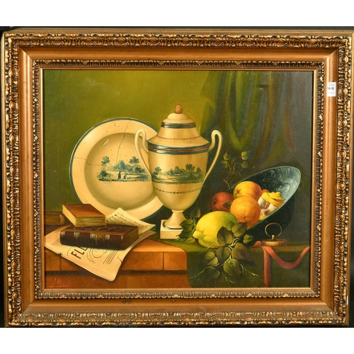 2058 - 20th Century French School, a still life of mixed objects on a shelf, oil on canvas, indistinctly si... 