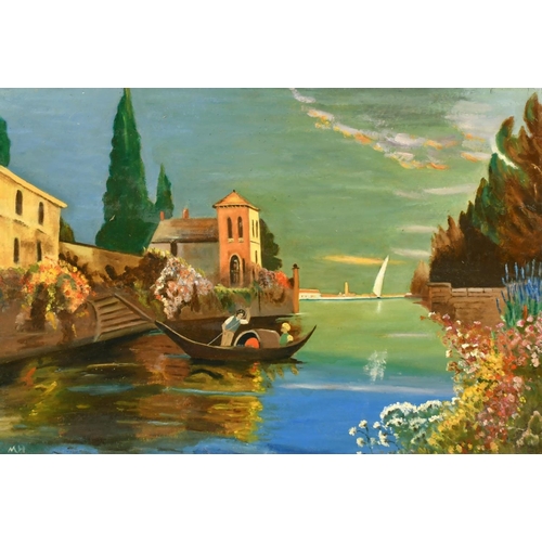 2060 - 20th Century French School, figures in a gondola, oil on board, signed with initials, M.H, 16.5