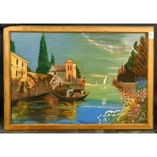 2060 - 20th Century French School, figures in a gondola, oil on board, signed with initials, M.H, 16.5