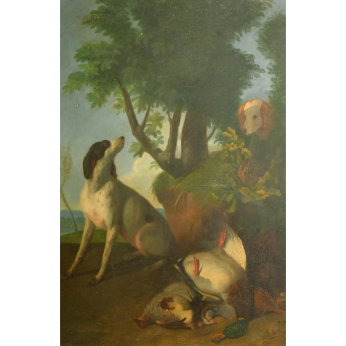 2061 - E. Le Sur, circa 1907, a pair of scenes of game dogs with birds, oils on canvas, signed, each 32