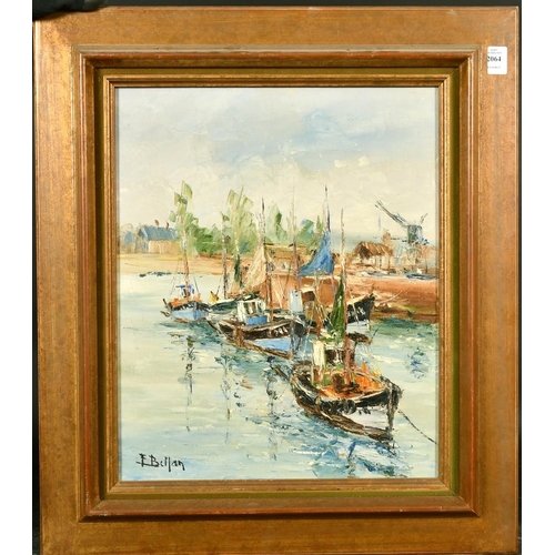 2064 - E. Bellan, fishing boats moored off a quay at Honfleur, oil on canvas, signed, 18