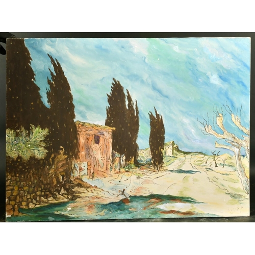 2066 - Mid-20th Century French School, a pathway in a Southern Landscape, oil on canvas, indistinctly signe... 