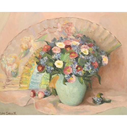 2067 - Sylvia Gardette, 20th Century French, a still life of flowers and a fan, oil on canvas, signed, 13