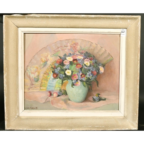 2067 - Sylvia Gardette, 20th Century French, a still life of flowers and a fan, oil on canvas, signed, 13