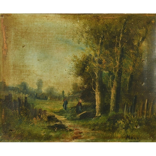 2071 - 19th Century French School, an unframed oil of figures in a woodland glade, 13