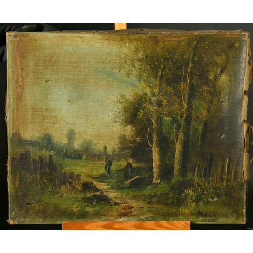 2071 - 19th Century French School, an unframed oil of figures in a woodland glade, 13