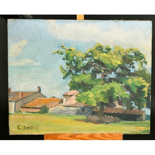 2075 - C. Delleil, Circa 1933, buildings in a summer landscape, oil on panel, signed and inscribed verso, 1... 