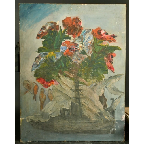 2081 - 20th Century French School, a still life composition of flowers with birds, oil on canvas, 28.25