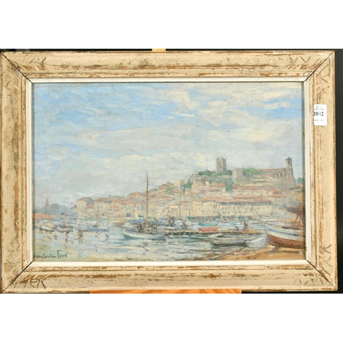 2082 - Constantin Font, 20th Century, French School, boats moored in a harbour with a town beyond, oil on c... 