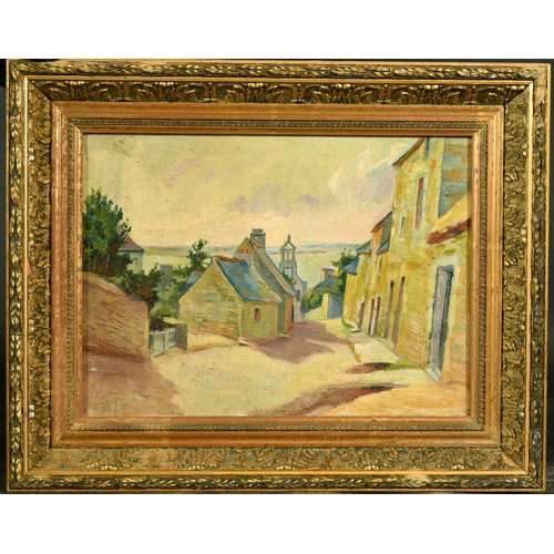 2086 - 20th Century French School, a view of a coastal town with the sea beyond, oil on board, 9