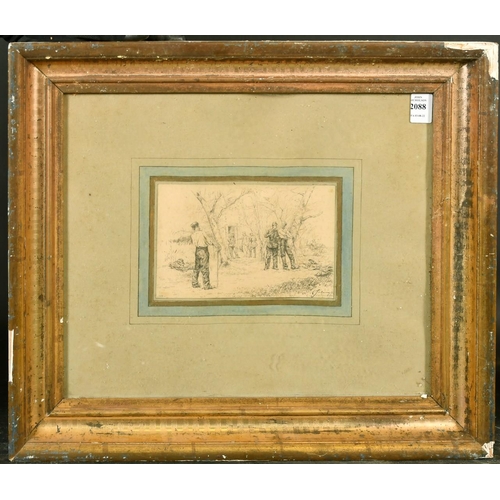 2088 - A. Jaloux, 1883, an ink sketch of soldiers preparing for a duel, signed, 4.75