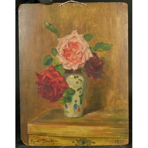 2094 - French School circa 1921, a still life of roses in an oriental vase, oil on board, indistinctly sign... 