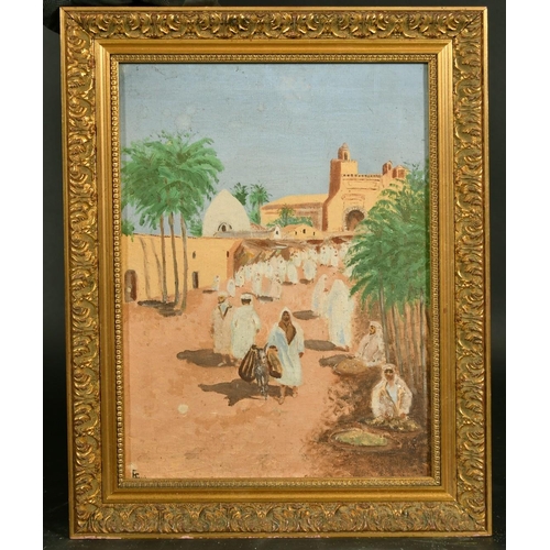 2096 - Late 19th Century, North African figures leaving a temple, oil on canvas, indistinctly signed, 13