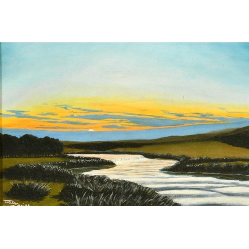 2099 - Tolilla, circa 1988, a river landscape at dusk, oil on board, signed, 8.75