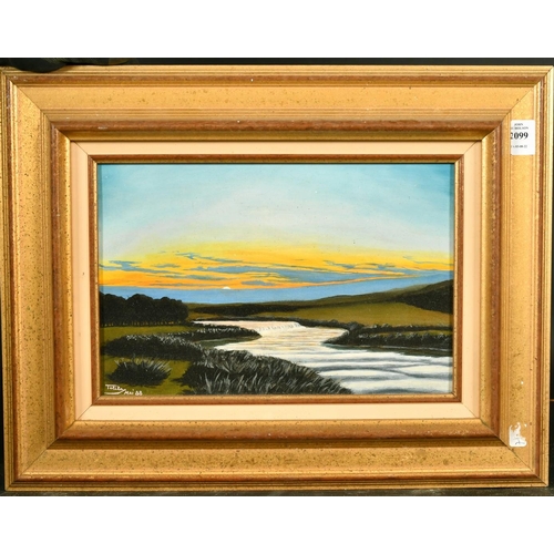 2099 - Tolilla, circa 1988, a river landscape at dusk, oil on board, signed, 8.75