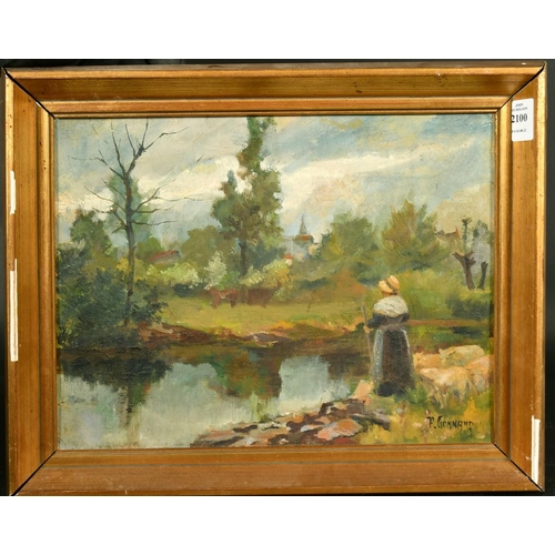 2100 - P. Gonnard, female figure by a river, oil on board, signed, 10.5