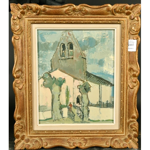 2102 - Jean-jacque Bourdil, circa 1960, figure by a church, oil on board, signed, 10.5