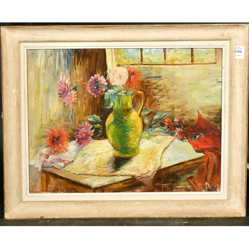 2104 - A. page, still life of flowers in a jug, oil on board, signed, 15