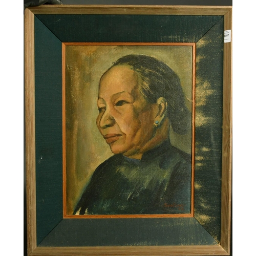 2107 - Soo Pieng, circa 1949, a head study of a female figure, oil on board, signed, trade label verso, 18