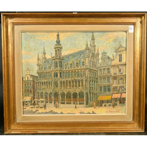 2111 - Early 20th Century School, figures in a city street, oil on canvas, indistinctly signed, 15.75