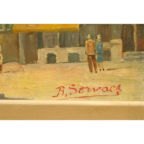 2111 - Early 20th Century School, figures in a city street, oil on canvas, indistinctly signed, 15.75