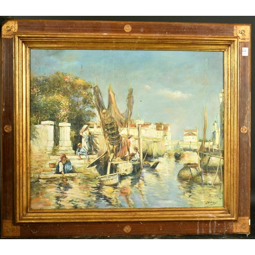 2112 - Eugene Leroy, figures collecting water, oil on canvas, signed, 19.75