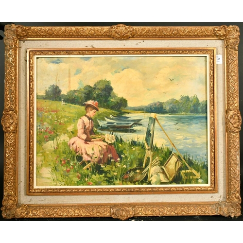 2113 - K. Girard, a female artist by riverbank, oil on canvas laid down, 18