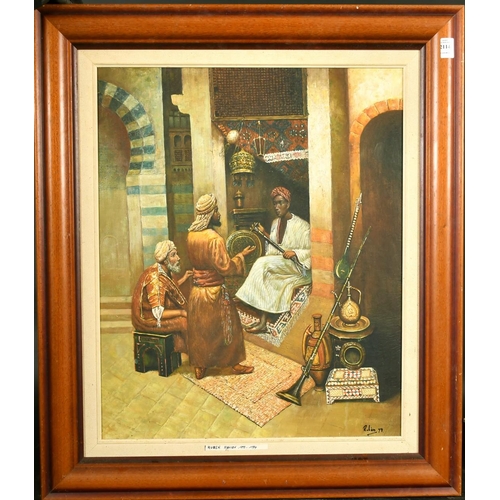 2114 - Ruben, North African figures bartering, oil on canvas, signed, 24