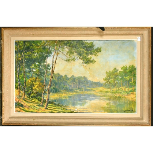 2118 - Moreau, a treelined lake landscape, oil on canvas, signed, 23.75