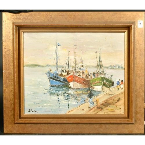 2119 - E. Bellan, figures walking by moored trawlers, oil on canvas, signed, 15