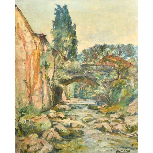 2120 - A. Romand, a rocky river landscape, oil on panel, signed, 23.75