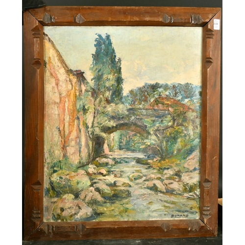 2120 - A. Romand, a rocky river landscape, oil on panel, signed, 23.75