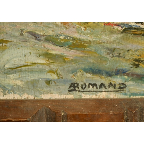 2120 - A. Romand, a rocky river landscape, oil on panel, signed, 23.75