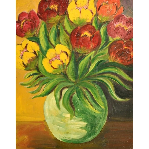 2122 - L. Waty, a still life of tulips, oil on board, 16