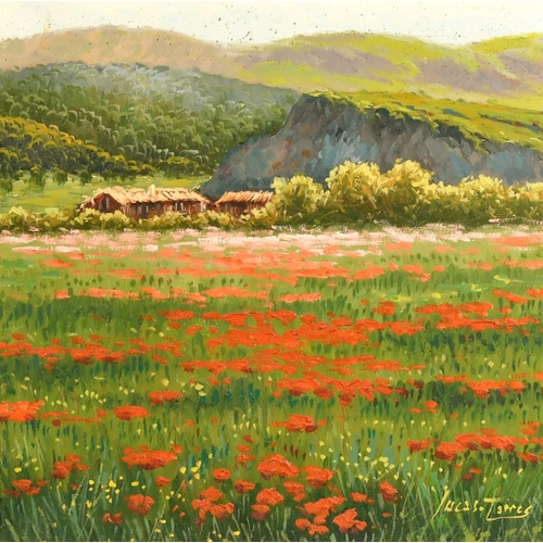 2123 - Lucus Torres, a field of poppies with hills beyond, oil on canvas, signed, 11.75